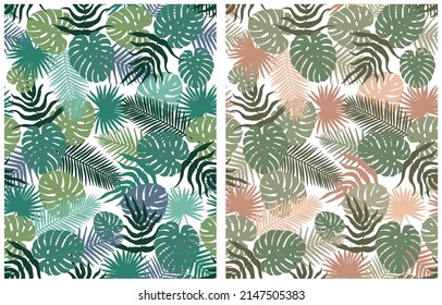 Tropical Leaves Seamless Vector Patterns. Simple Abstract Hand Drawn Green, Blue and Pink Palm and Monstera Leaves Isolated od a White Background. Cute Abstract Jungle Repeatable Design.