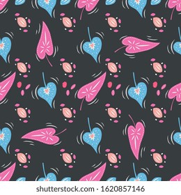 Tropical leaves and seeds seamless pattern in modern trendy pink and blue colours on dark background. Repeating vector illustration with exotic nature motif for fabric? wallpaper design.