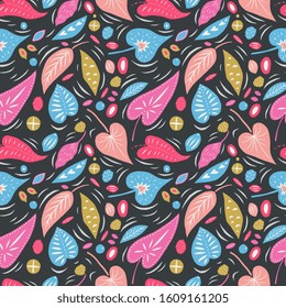 Tropical leaves and seeds silhouettes in modern simple style, repeating seamless pattern. Perfect design for textile, fabric design. 