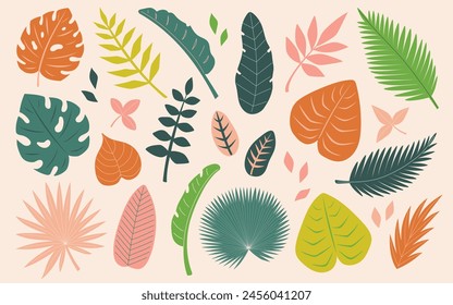 Tropical leaves set. Abstract foliage elements. Monstera, banana tree, palm leaves. Flat Vector illustration isolated on beige background