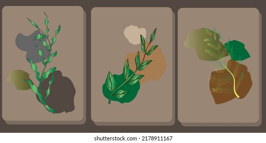 Tropical Leaves Set Bright Green Minimal Tropic Cover Template Vector