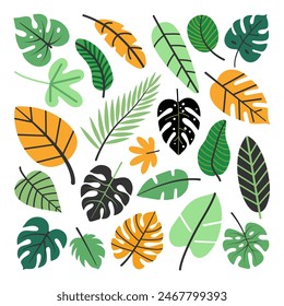 Tropical leaves set. Green, yellow and black abstract jungle leaves isolated on white. Summer vector clip art design for print, decoration, fabric, card.