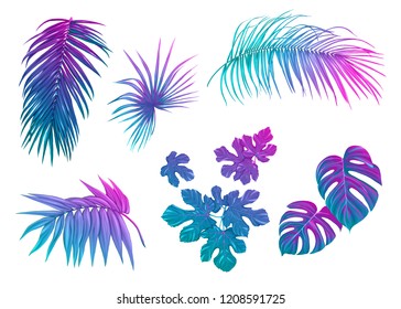 Folhas tropicais definidas em néon, cores fluorescentes monstera e palma. Ilustração vetorial colorida.