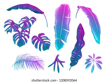 Hojas tropicales colocadas en colores neones, fluorescentes. Monstera y plátano. Ilustración vectorial coloreada.