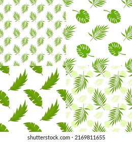 Hojas tropicales. Un conjunto de patrones sin fisuras. Ilustración vectorial.
