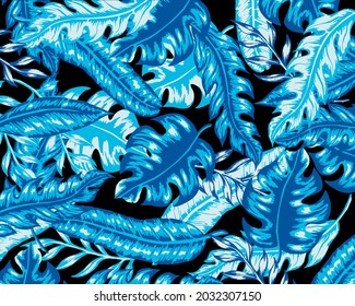  Tropical leaves, Shiny blue leaves seamless pattern, Vector illustration on Black background.