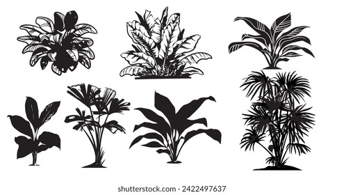 Tropical leaves silhouette. Hand-drawn vector graphic illustration. 