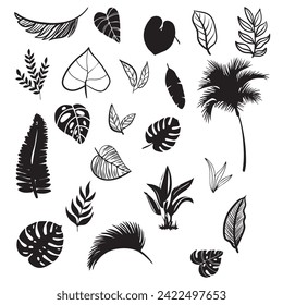 Tropical leaves silhouette. Hand-drawn vector graphic illustration. 
