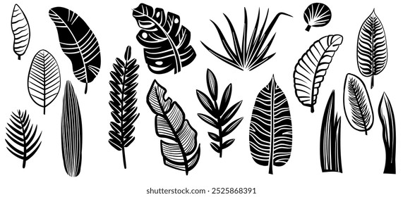 Tropical leaves silhouette. Hand-drawn vector graphic illustration. 