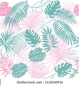 tropical leaves silhouette seamless pattern on a white background