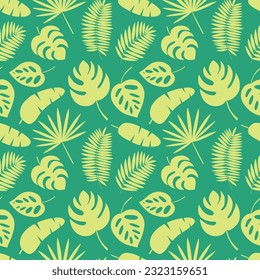 Tropical leaves silhouette seamless pattern. Different exotic tropical leaves on green background. Monstera leaf, fan palm and banana leaf