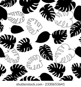 Tropical leaves sketch drawing seamless pattern. Black and white leaves