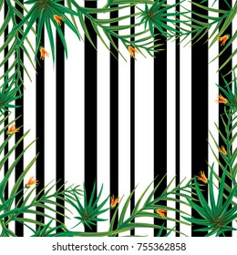 Tropical leaves with small orange flowers on a background of black and white stripes. Seamless pattern.