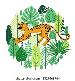 Tropical leaves and snarling leopard around the circle. Wild concept. Illustration with foliage of exotic jungle plants and animal. Vector composition on white background.