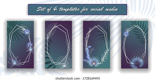 Tropical leaves social media frames. 4 Stories template kit. Vector design backgrounds for smartphone. Jungle foliage backdrop.