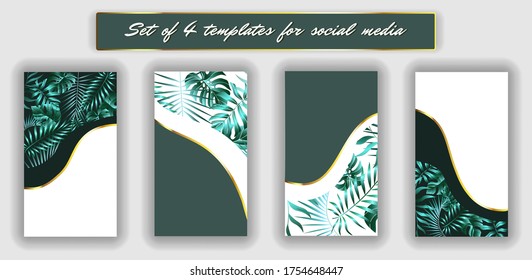 Tropical leaves social media frames. 4 Instagram Stories template kit. Vector design backgrounds for smartphone. Jungle foliage backdrop.