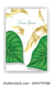 Tropical leaves, splashes of paint, sparkles, golden brush strokes. Exotic botany for decorating banners, cards, labels, covers, flyers, cosmetics. Isolated vector illustration on a white background.