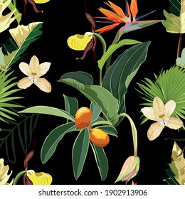 Tropical leaves with strelitzia flowers. Seamless design with amazing palant with flowers. Fashion, interior, wrapping, packaging suitable. Realistic branch on black background.