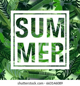 Tropical leaves in style carved paper with summer inscription .Vector