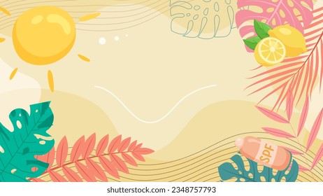 Tropical leaves summer frame with sand beach copy space. Palm leaves. Rainforest. Summer tropical leaf. Summertime style. Summer vector.