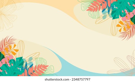 Tropical leaves summer frame with sand beach copy space. Palm leaves. Rainforest. Summer tropical leaf. Summertime style. Summer vector.