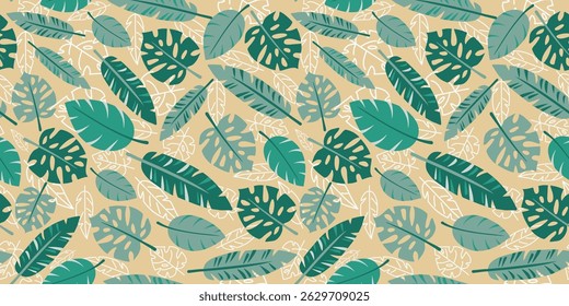 Tropical leaves, summer seamless pattern. Exotic palm tree leaves, repeating background. Hand drawn vector pattern for textile, fabric, wrapping paper, wallpaper.