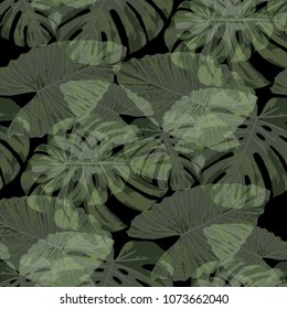 Tropical Leaves. Texture with Bright Hand Drawn Leaves of Monstera. Bright Rapport for Calico, Textile, Swimwear. Vector Seamless Background with Tropic Plants. Watercolor Effect.