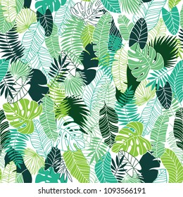 Tropical leaves texture pattern seamless vector illustration with green color palette