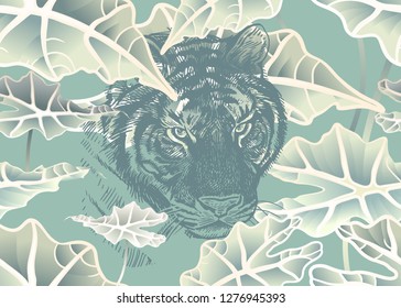 Tropical leaves and tiger seamless pattern. Exotic rainforest foliage and wild animal. Vector illustration. Pastel colors. For creating wallpaper, paper, textiles, bed linen, interior. Modern style.