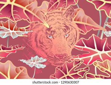 Tropical leaves and tiger seamless pattern. Exotic rainforest foliage and wild animal. Vector illustration. Pastel colors. For creating wallpaper, paper, textiles, bed linen, interior. Modern style.