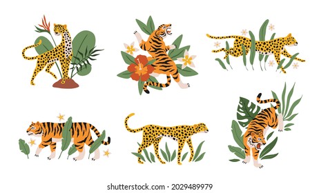 Tropical leaves with tigers, leopards and jaguars. Beautiful mini compositions with wild animals and exotic plants and flowers decor elements. Safari and zoo mammals vector isolated set