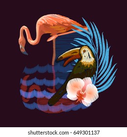 Tropical Leaves, Toucan and Flamingo. Floral Embroidered Pattern. Decoration for Fabric. Embroidery tropical birds for clothing, Patches. Summer Poster. Decoration for Fabric. Vector illustration