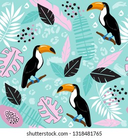 Tropical leaves and toucan on a blue background seamless pattern