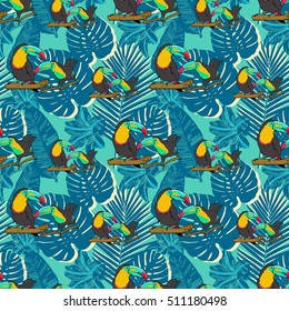 Tropical leaves toucan seamless vector Pattern