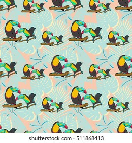 Tropical leaves toucan seamless vector Pattern