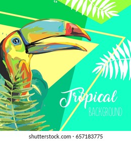 Tropical leaves and toucan summer banner. Graphic background.