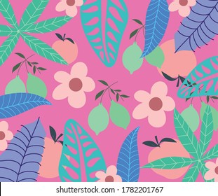 tropical leaves trendy fruits flowers exotic foliage pink background vector illustration