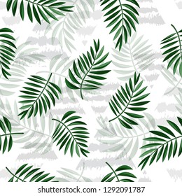 Tropical leaves and triangles on light background. Tropical palm leaves, jungle leaves seamless vector floral pattern. Modern illustration with tropical leaves for decoration design. Vector. Eps10.