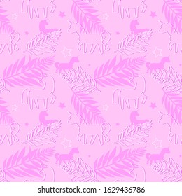 Tropical leaves and unicorns silhouettes. Seamless pattern.