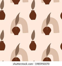 Tropical leaves and vases seamless pattern. Good for banner, poster, flyer, greeting card, web design, print design. Vector illustration.