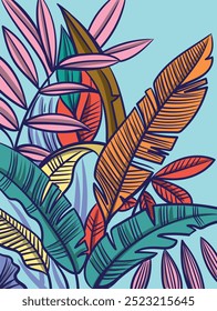Tropical leaves vector background. Colourful abstract hand-drawing vector illustration.