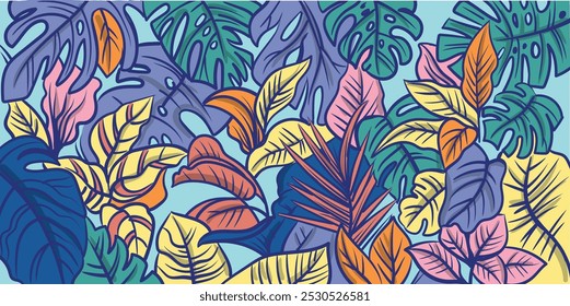 Tropical leaves vector background. Colourful abstract hand-drawing vector illustration.