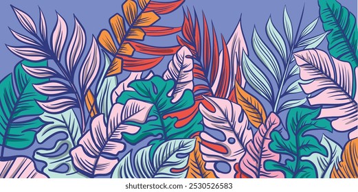 Folhas tropicais vetor fundo. Ilustração de vetor de desenho à mão abstrata colorida.