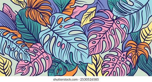 Tropical leaves vector background. Colourful abstract hand-drawing vector illustration.