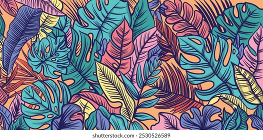 Folhas tropicais vetor fundo. Ilustração de vetor de desenho à mão abstrata colorida.