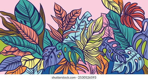 Folhas tropicais vetor fundo. Ilustração de vetor de desenho à mão abstrata colorida.