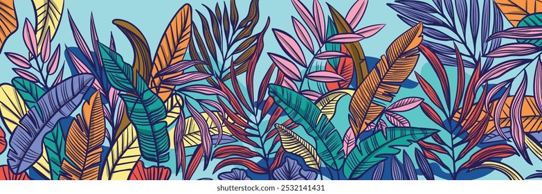 Fondo de Vector de hojas tropicales. Ilustración vectorial abstracta colorida del dibujo a mano. Arte de bosque tropical.