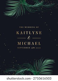 Tropical leaves vector design vertical card. Emerald green palm leaves, jungle palm leaves banner frame. Exotic island wedding invitation. Greenery border. All elements are isolated and editable