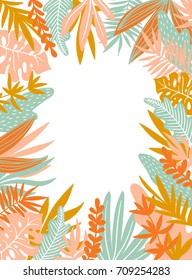 Tropical leaves. Vector frame in scandinavian style. Hand drawn background. Poster in orange and blue colors with place for text.
