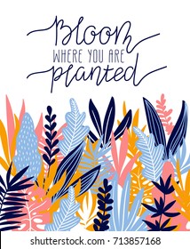 Tropical leaves. Vector frame in scandinavian style. Hand drawn background. Poster in orange and blue colors with place for text.